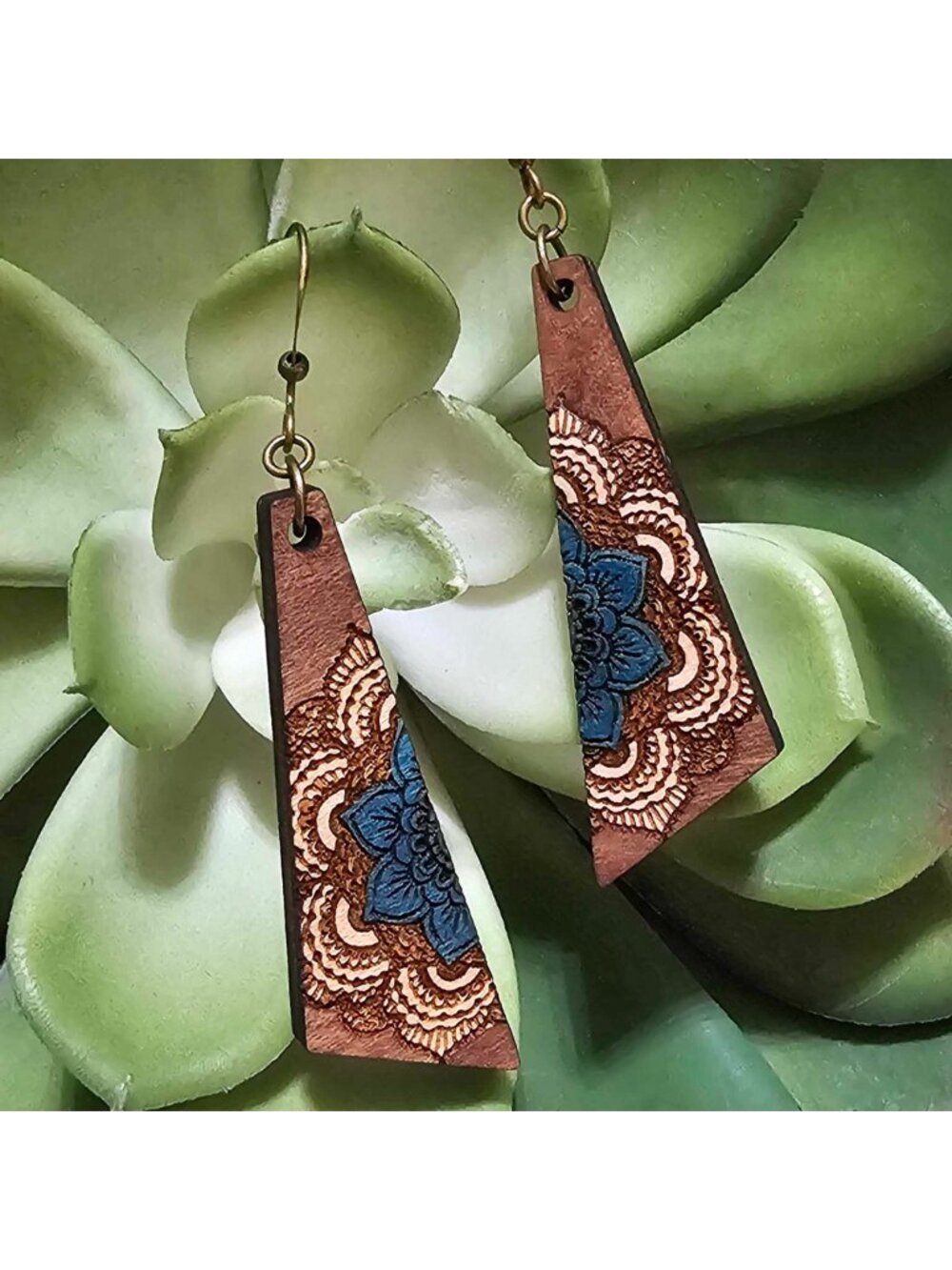 Boho Turquoise Ivory Mandala Statement Wood Earrings Geometric Dangle Pierced - Picture 6 of 11